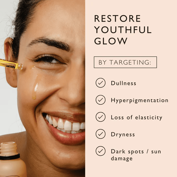 Frau trägt einen Tropfen natürliches Gesichtsöl auf das Gesicht auf; eingeblendete Benefits: reduziert Pigmentflecken, spendet Feuchtigkeit, strafft die Haut, 100 % natürlich, für alle Hauttypen geeignet