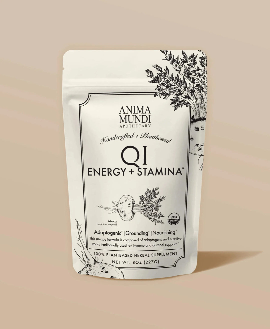 Qi + Stamina Pulver in umweltfreundlicher Verpackung – Adaptogene Mischung aus Kräutern, Wurzeln und Samen.