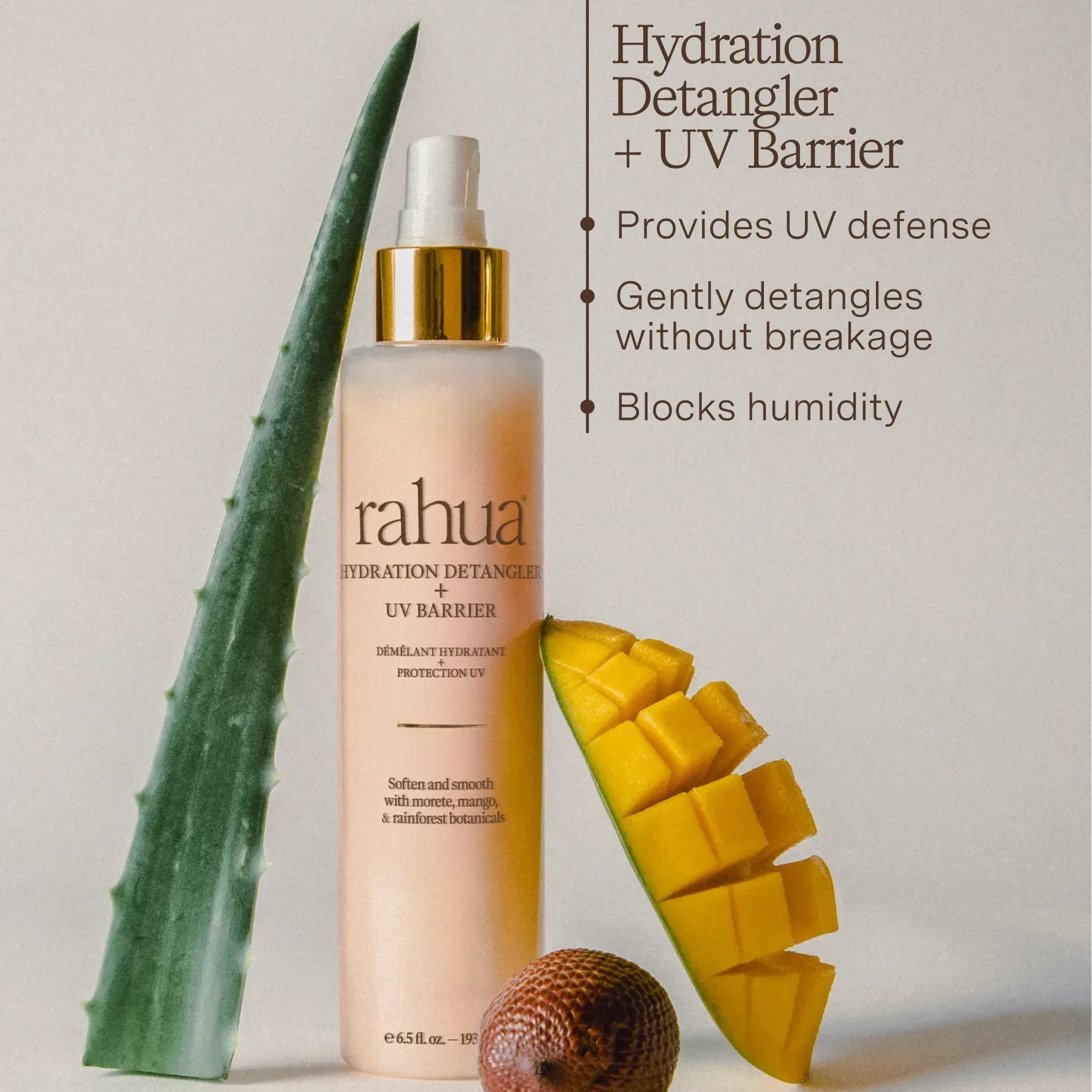 rahua Hydration Detanger + UV Barrier umgeben von verschiedenen Inhaltsstoffen.