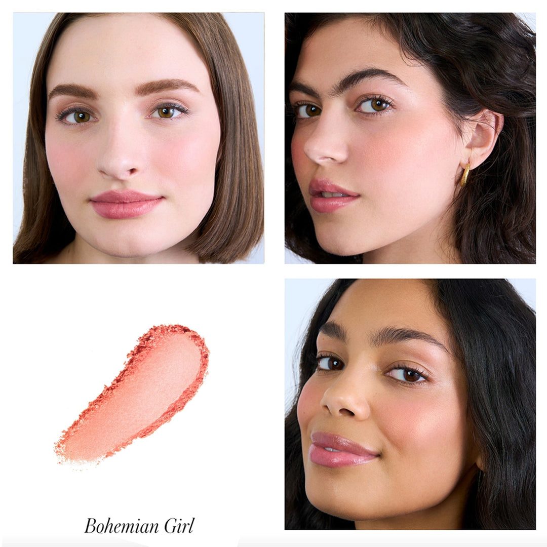 Collage mit 3 Frauengesichtern und Farb- und Texturbeispiel der ReDimension Hydra Powder Blush Farbe Bohemian Girl von RMS. North Glow