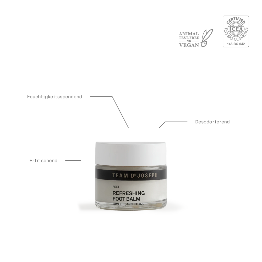 eleganter Glastiegel mit weißem Schraubdeckel und schwarzem Etikett, Team Dr Joseph Refreshing Foot Balm 
