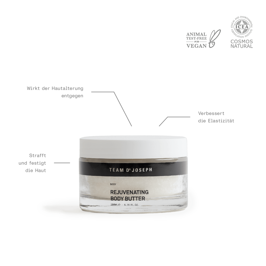 Geschlossene Dose Rejuvenating Körperbutter auf hellem Hintergrund – straffend, feuchtigkeitsspendend, natürliche Körperpflege, Anti-Aging. North Glow