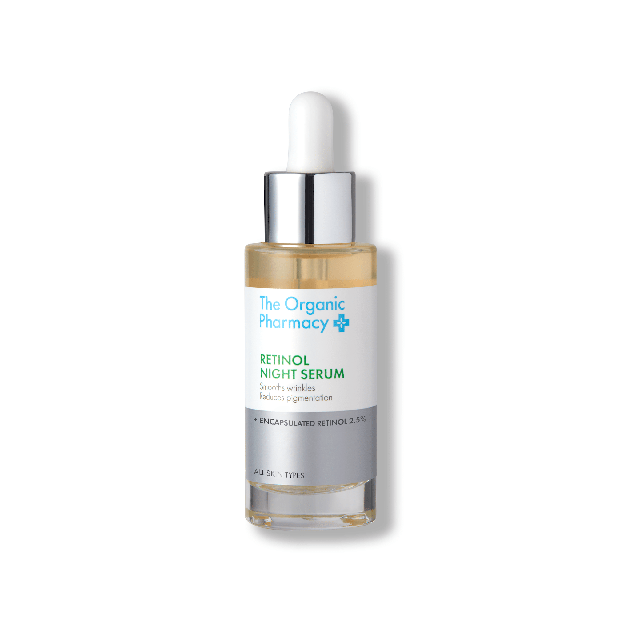 Retinol Night Serum Glasflasche vor weißem Hintergrund