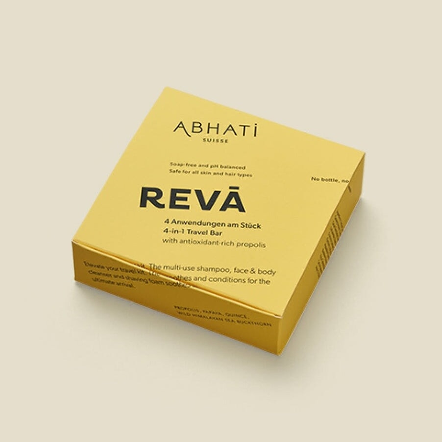 Nachhaltige Produktverpackung von ABHATI Suisse für festen Shampoo-Bar.