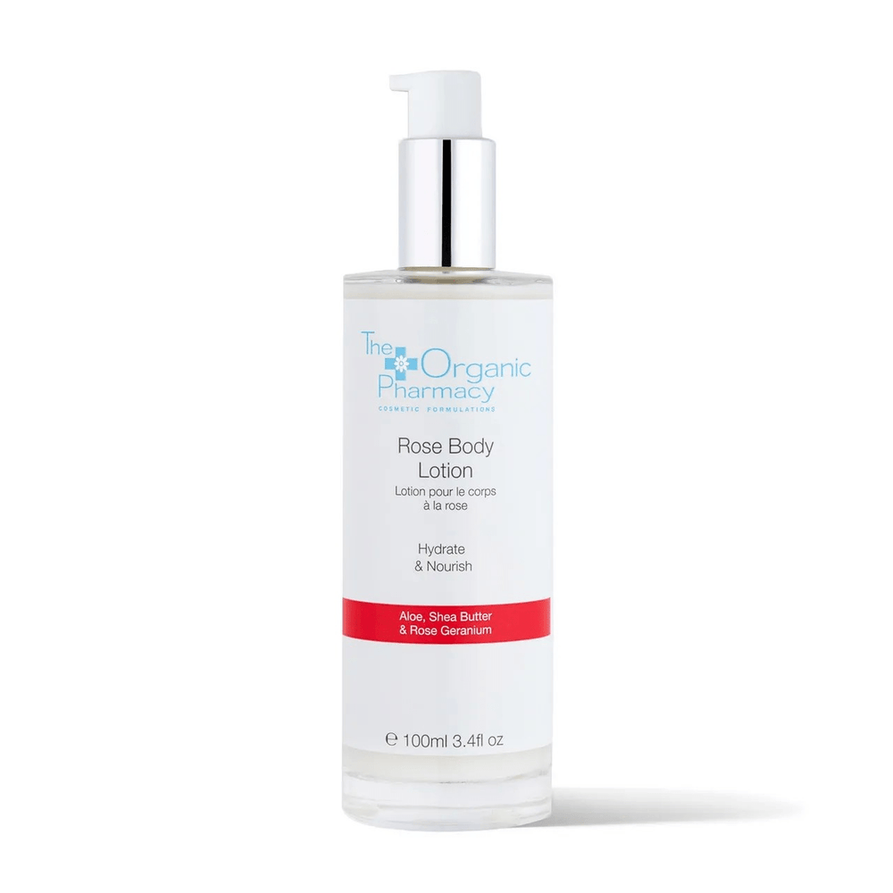 The Organic Pharmacy Rose Body Lotion – Pflegende Körpercreme mit Aloe Vera und Sheabutter in elegantem Glasbehälter
