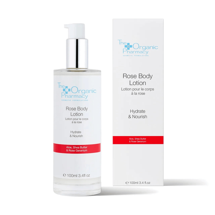 Nachhaltige Verpackung der Rose Body Lotion von The Organic Pharmacy mit 83,5 % Bio-Inhaltsstoffen