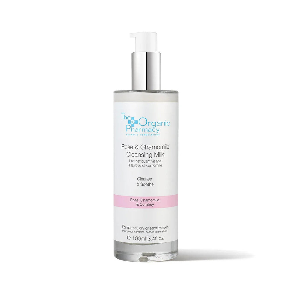 Rose & Chamomile Cleansing Milk von The Organic Pharmacy vor weißem Hintergrund.