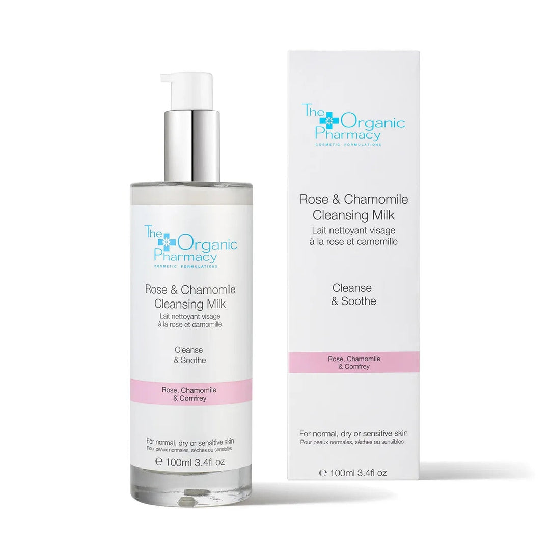 Rose & Chamomile Cleansing Milk von The Organic Pharmacy vor weißem Hintergrund.