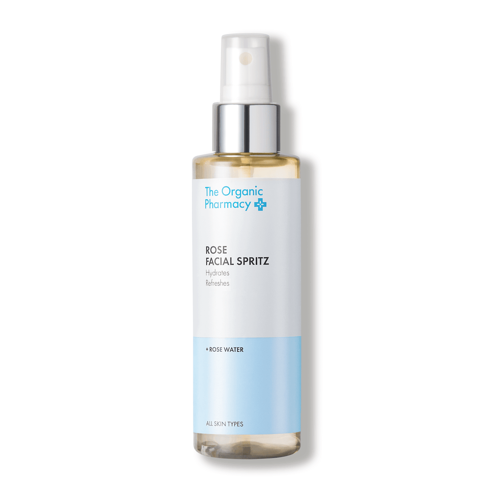 Rose Facial Spritz Glasflasche vor weißem Hintergrund