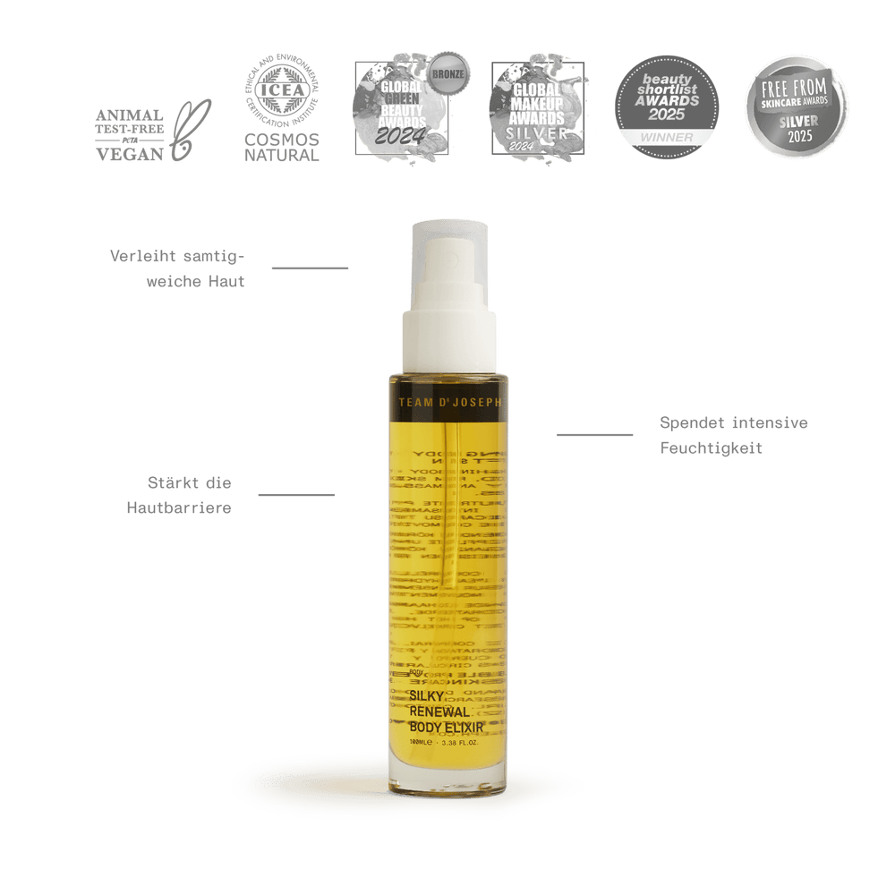 Silky Renewal Body Elixir von Team Dr Joseph – transparente Glasflasche mit goldfarbenem Öl 