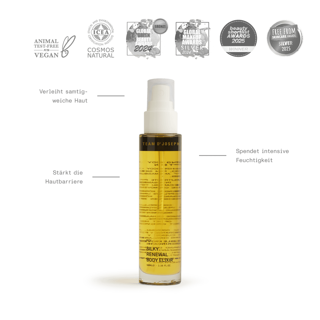 Silky Renewal Body Elixir von Team Dr Joseph – transparente Glasflasche mit goldfarbenem Öl  North Glow