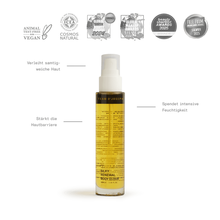 Silky Renewal Body Elixir von Team Dr Joseph – transparente Glasflasche mit goldfarbenem Öl 