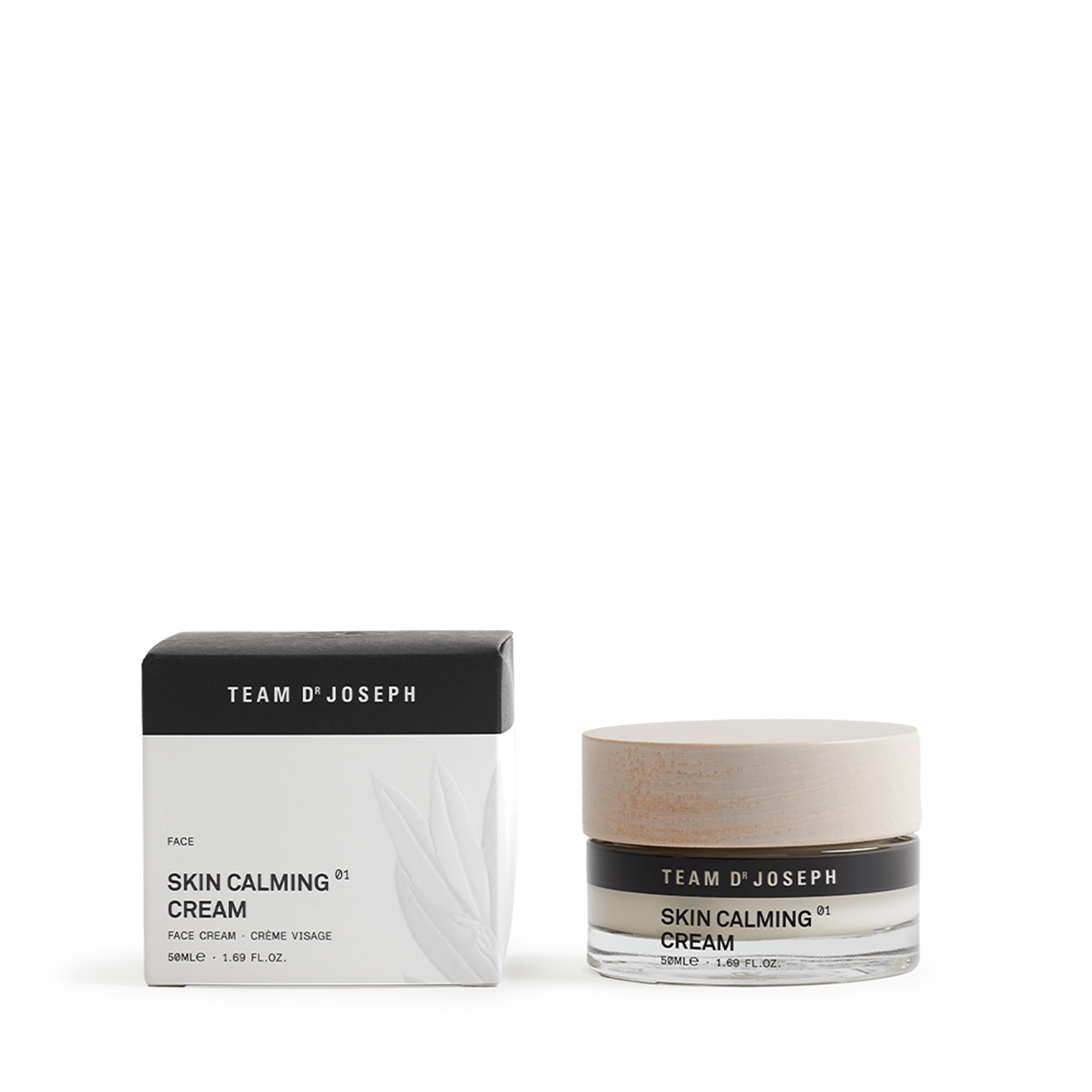 TEAM DR JOSEPH Skin Calming Cream – geschlossener Glastiegel neben der Originalverpackung
