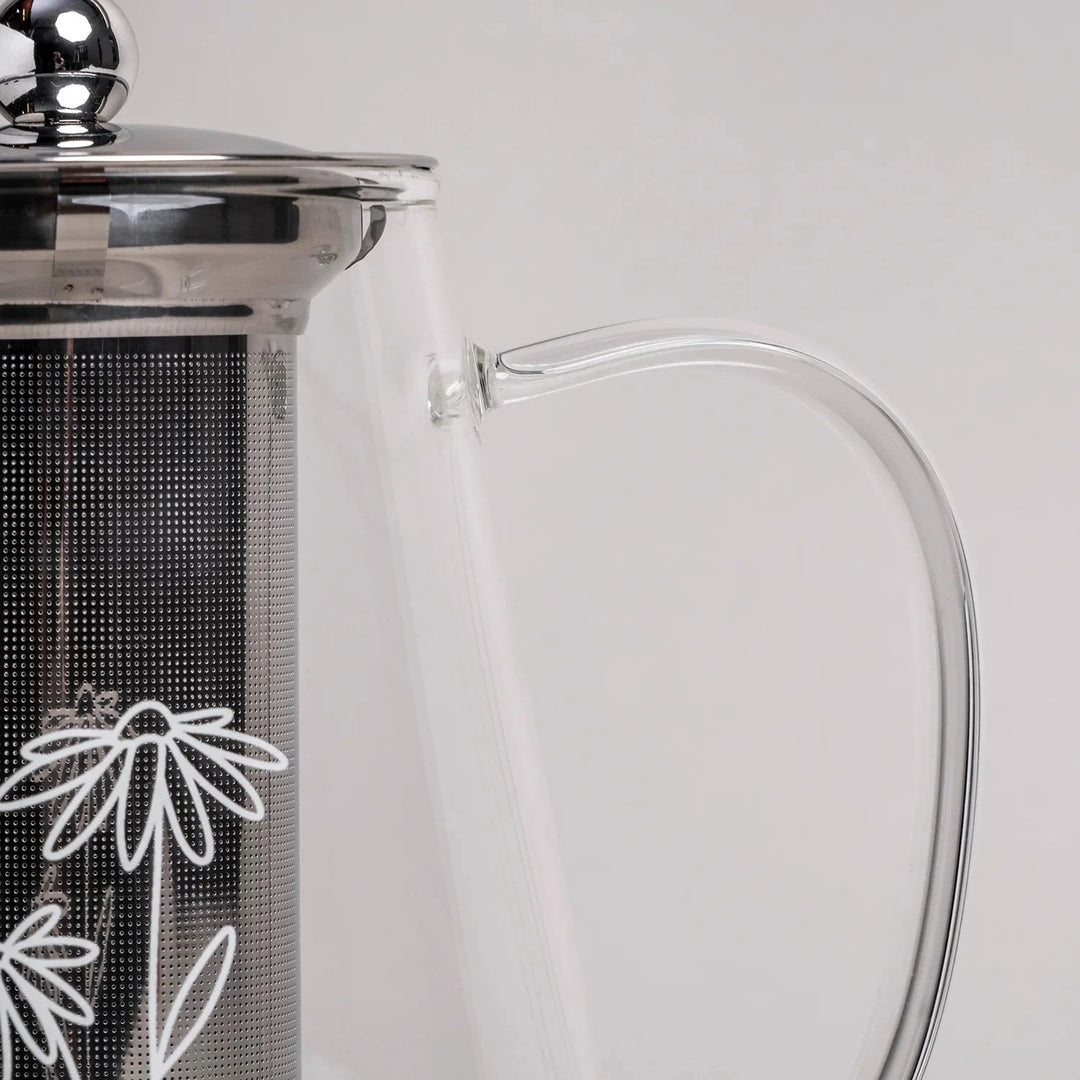 Detailausschnitt Teekanne "Daisy" aus Glas mit weißem Blumenaufdruck. North Glow