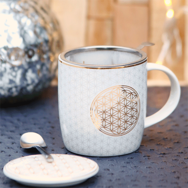 Teetasse "Blume des Lebens", Gold mit Edelstahlsieb und Deckel