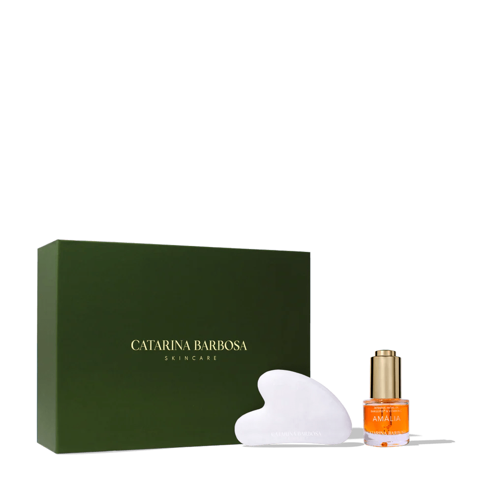 Minimalistische Geschenkbox des Amália Glow Sets mit Gesichtsöl und Gua Sha