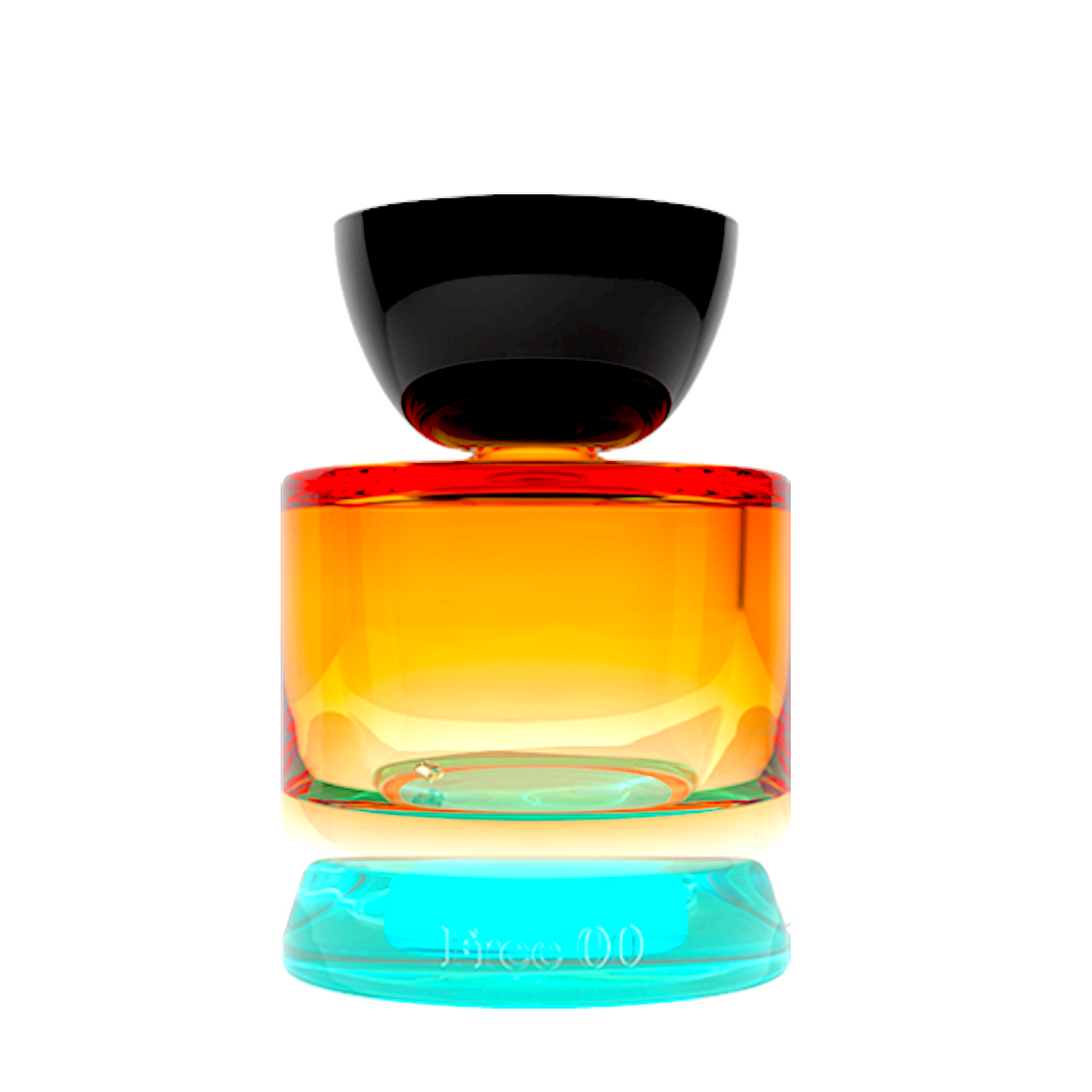 Flacon Vyrao Parfum Free OO mit schwarzem Deckel, orangefarbenem Mittelteil und türkisfarbenem Boden steht vor weißem Hintergrund. North Glow