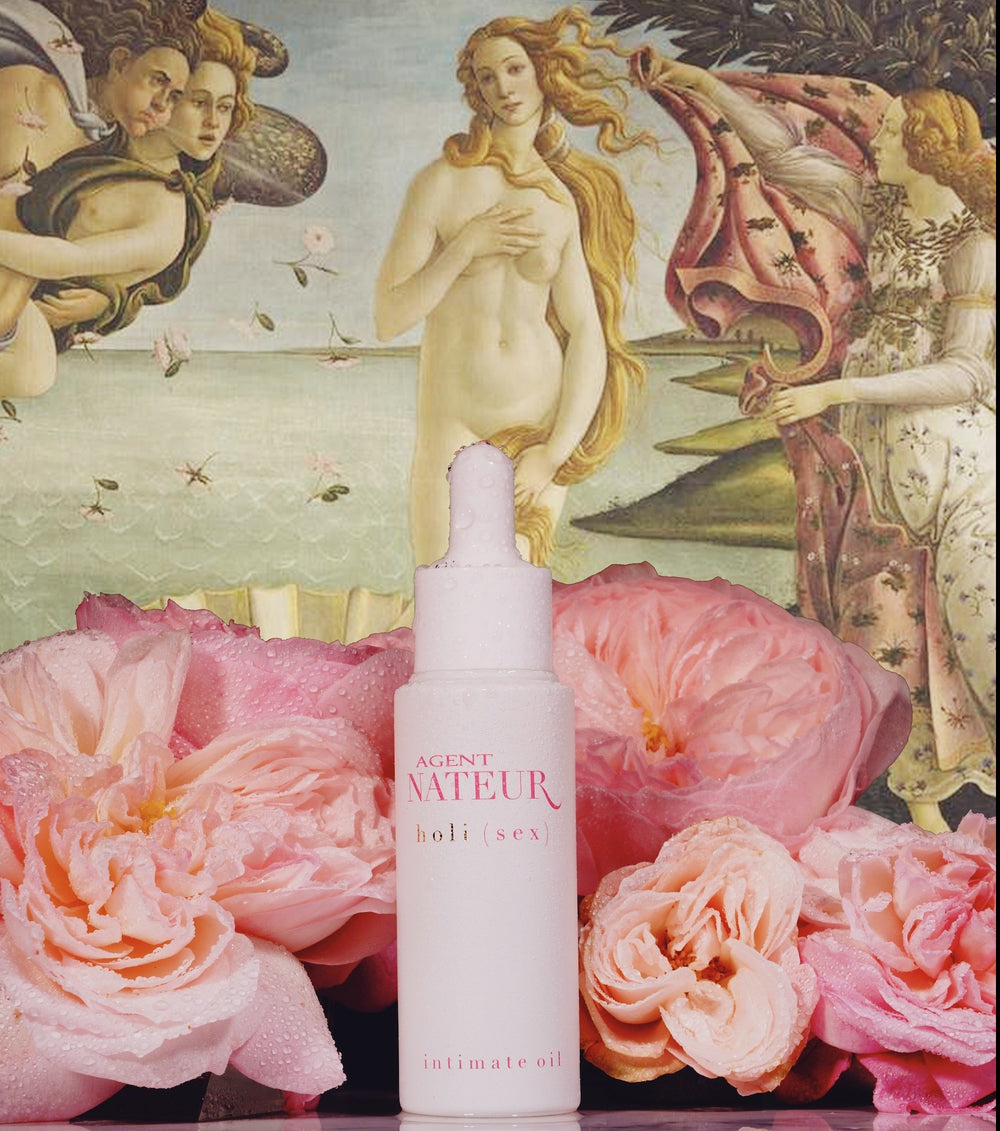 Agent Nateur Holi (Sex) Flakon mit rosa Rosen vor Boticelli Bild