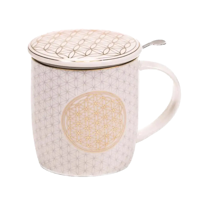 Teetasse "Blume des Lebens", Gold mit Edelstahlsieb und Deckel