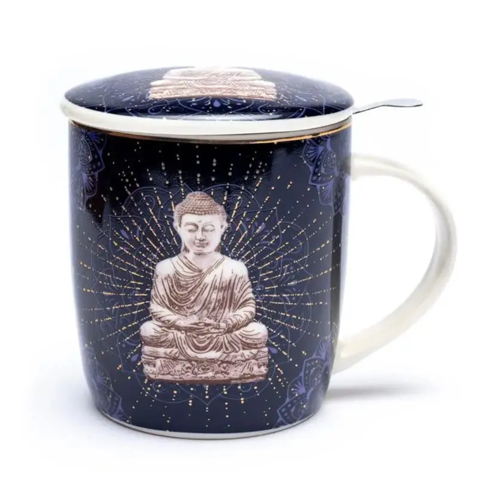 Teetasse "Blauer Buddah", mit Edelstahlsieb und Deckel