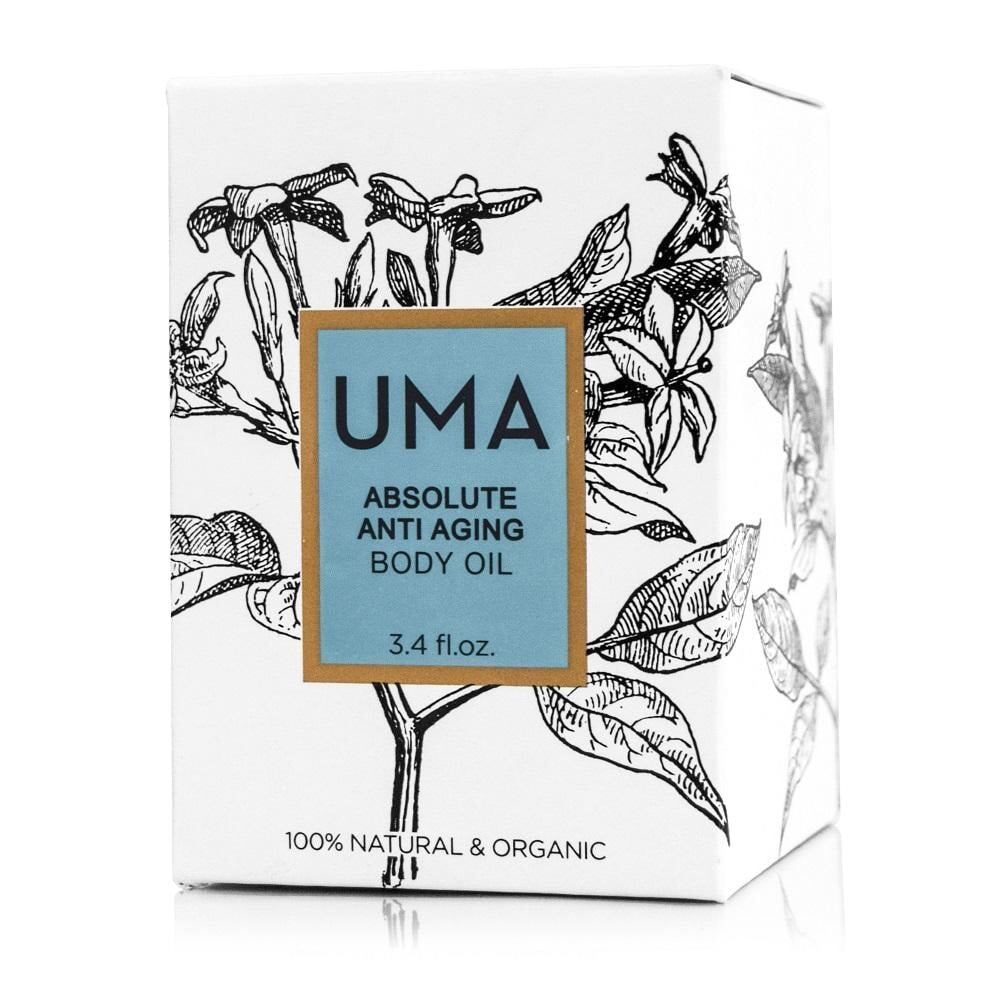 Verpackung des UMA Absolute Anti Aging Body Oils. North Glow