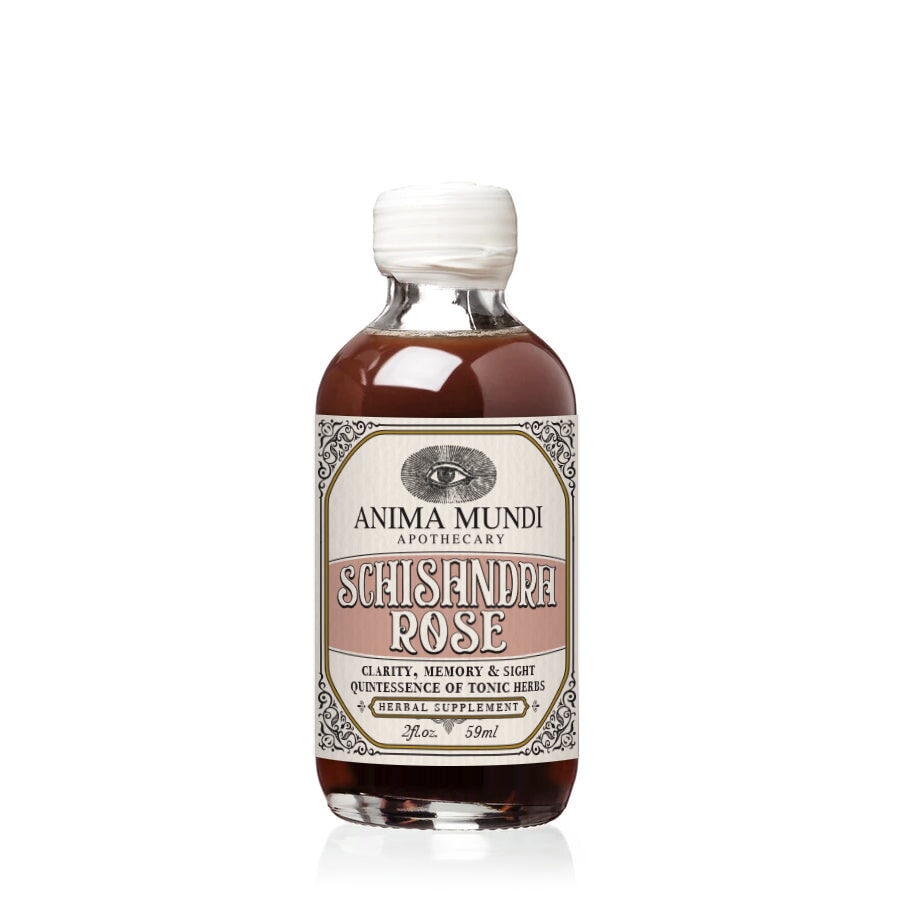 Anima Mundi Glasflasche Schisandra Rose steht vor weißem Hintergrund.