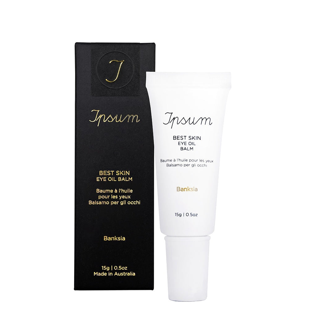  Ipsum Best Skin Eye Oil Balm Tube und die schwarze Verpackung stehen vor weißem Hintergrund..