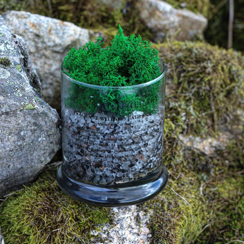 Lola´s Apothecary Breath of Clarity Bath Salts Verpackung auf moosigen Stein North Glow