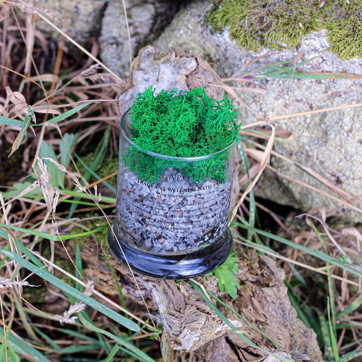 Lola´s Apothecary Breath of Clarity Bath Salts Glas vor Naturhintergrund mit Steinen