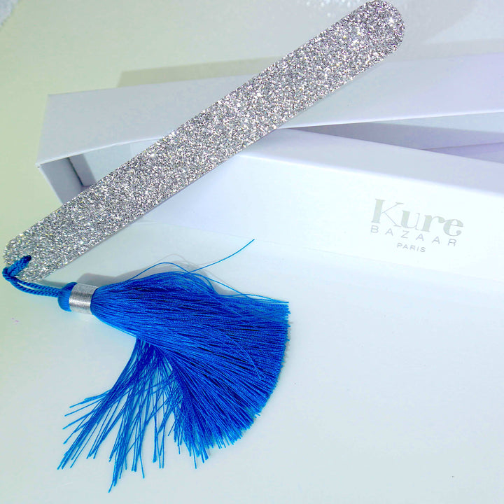 Glitzer Nagelfeile Silber mit blauem Pompon