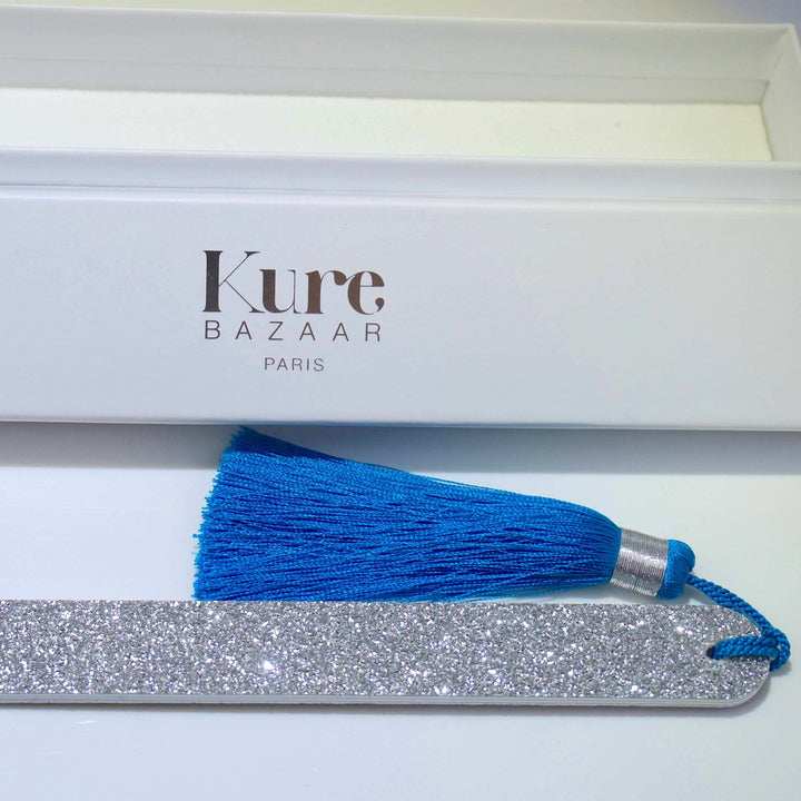Glitzer Nagelfeile Silber mit blauem Pompon