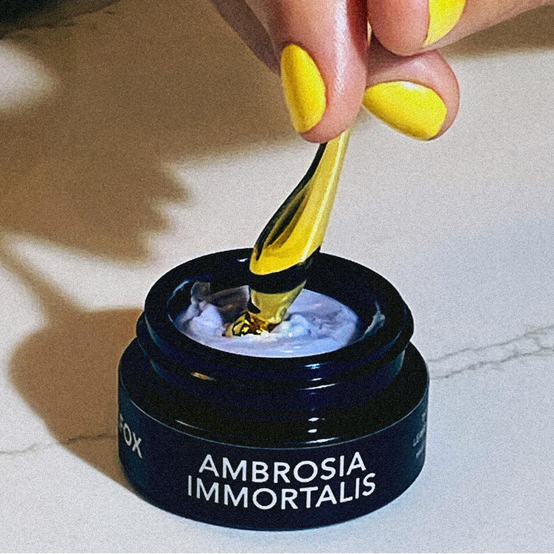 Lilfox Ambrosia Immortalis schwarzer Tiegel mit blauer Textur und goldenem Spatel North Glow