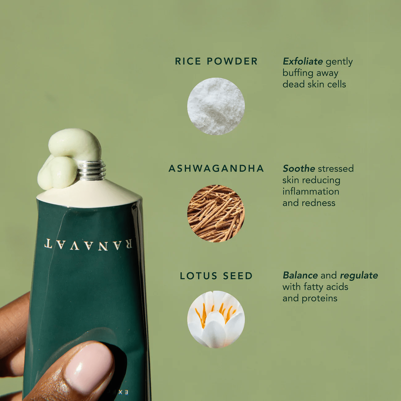 Ranavat Facial Polish Imperial Glow Tube wird gedrückt mit Inhaltsstoffe Beschreibung auf grünem Hintergrund