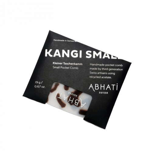 ABHATI SUISSE Kangi 19 Taschenhaarkamm in der Verpackung.