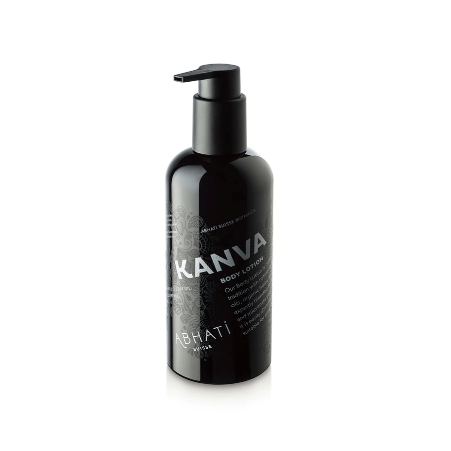 Abhati Suisse Kanva Bodylotion schwarze Pumpflasche steht vor weißem Hintergrund.