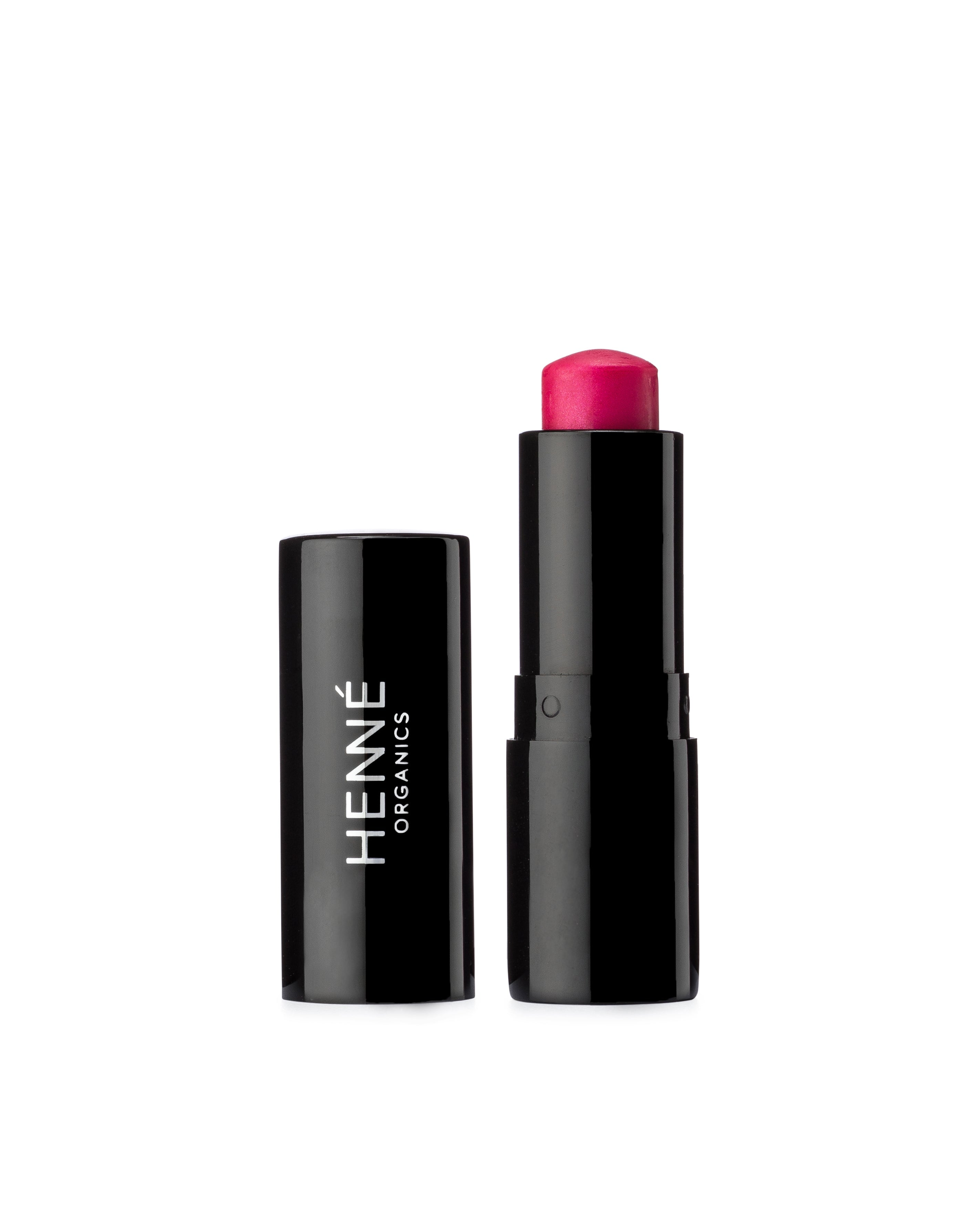 Schwarzer Lippenstift der Farbe Azalea von Henné Organic steht offen vor weißem Hintgergrund.