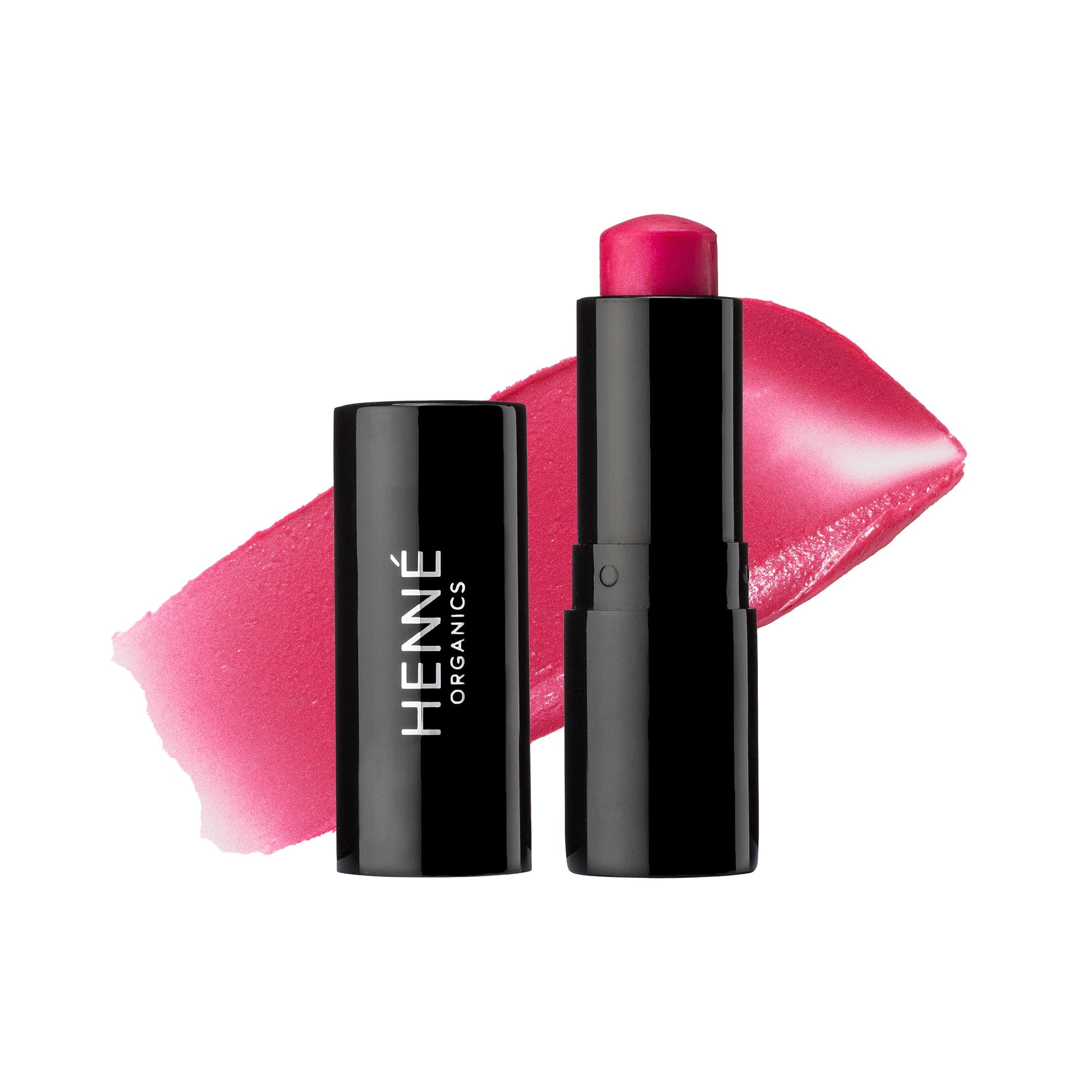 Schwarzer Lippenstift mit Farb- und Texturbeispiel der Farbe Azalea von Henné Organics.