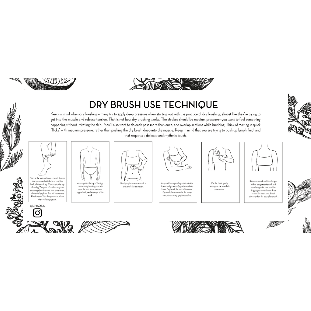 Bildliche Beschreibung der verschiedenen Anwendungsmöglichkeiten der Rückansicht der UMA Lymphatic Detox Dry Brush. North Glow