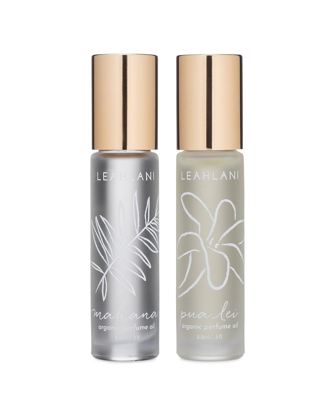 Leahlani Mahana Perfume Oil und Pua Lei Flakon vor weißem Hintergrund North Glow