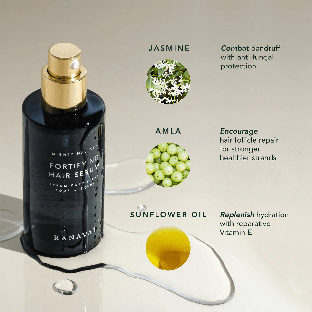 Ranavat Mighty Majesty Haarserum Flakon auf beigen Hintergrund mit Inhaltsstoff Beschreibung