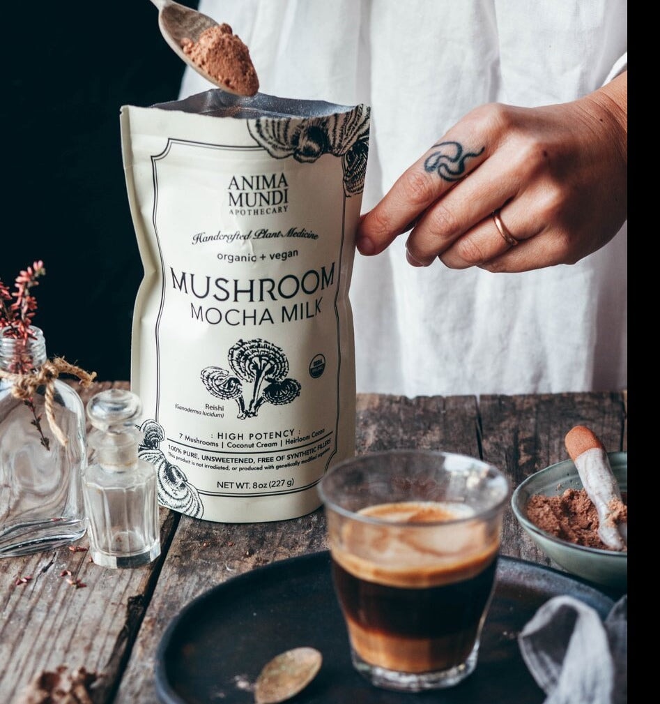 Ein Löffel befüllt mit Pulver wird aus einer offenen Anima Mundi Mushroom Moha Milk Tüte geholt.
