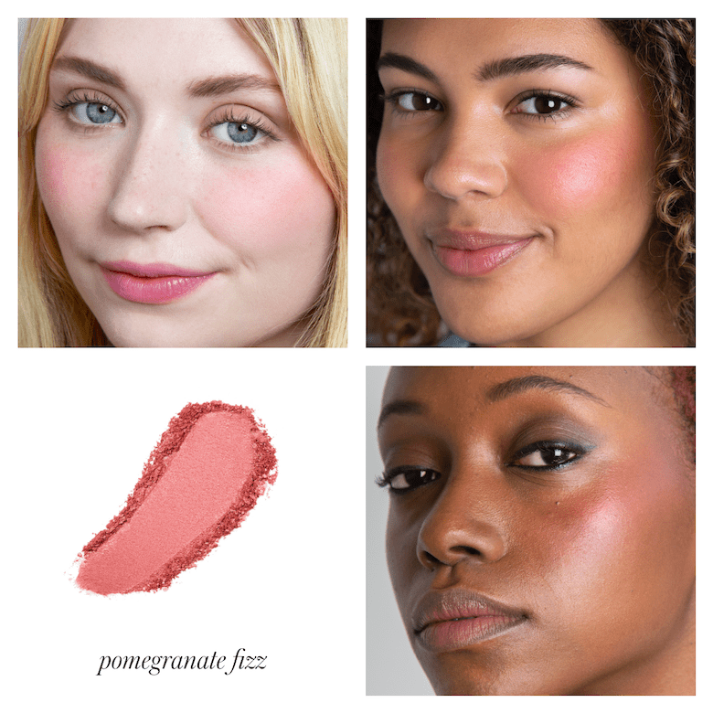 Bild aufgeteilt in 4 Quadrate mit Farbbeispielen des RMS Blush Pomgranate Fizz an 3 Frauengesichtern und einem Farb- und Texturbeispiel. North Glow