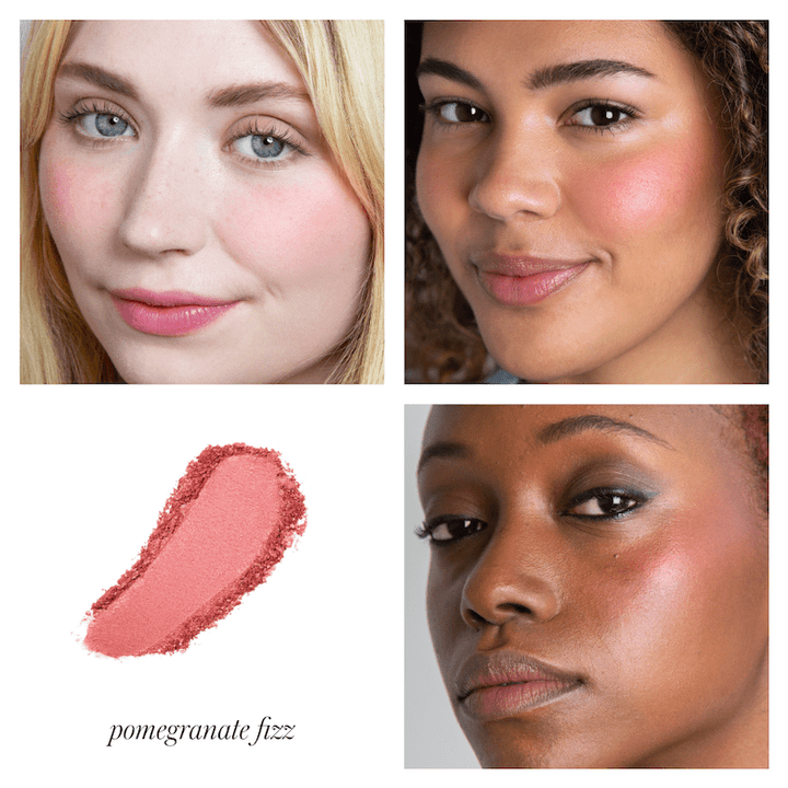 Bild aufgeteilt in 4 Quadrate mit Farbbeispielen des RMS Blush Pomgranate Fizz an 3 Frauengesichtern und einem Farb- und Texturbeispiel.