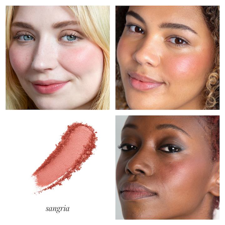 Bild in 4 Quadrate aufgeteilt mit Farbbeispiel Sangria an 3 Frauengesichtern und ein Farb- und Texturbeispiel.