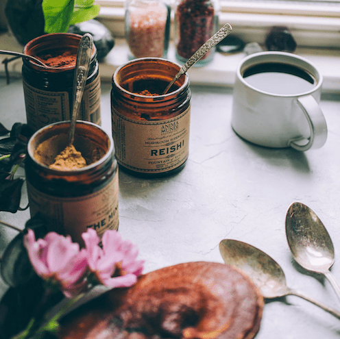Anima Mundi Schraubglas Reishi steht neben einer Kaffeetasse und 2 weiteren Anima Mundi Gläsern.
