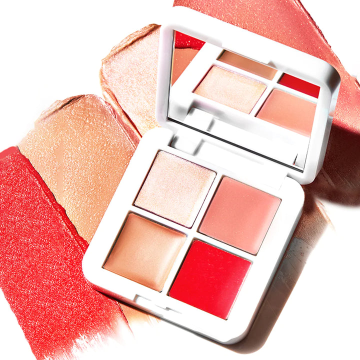 Offene Lip2Cheek Palette auf Farb- und Texturbeispielen.