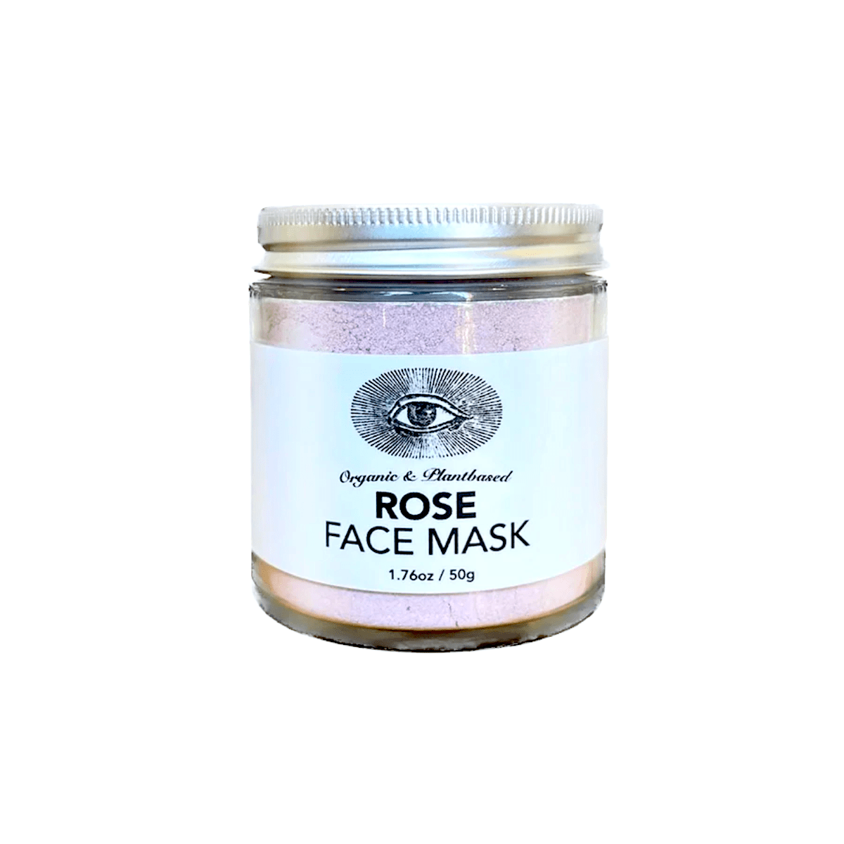 Anima Mundi Rose Face Mask Schraubglas mit silbernen Deckel und rosafarbenem Pulver, steht vor weißem Hintergrund.