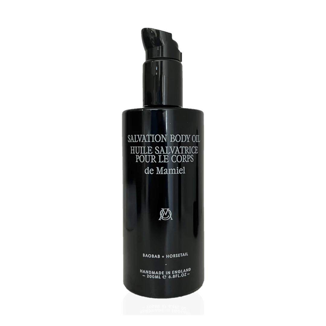 Schwarzer De Mamiel Salvation Body Oil Flakon vor weißem Hintergrund