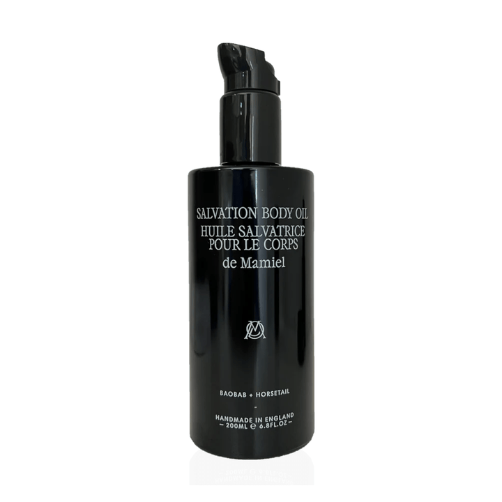 Schwarzer De Mamiel Salvation Body Oil Flakon vor weißem Hintergrund
