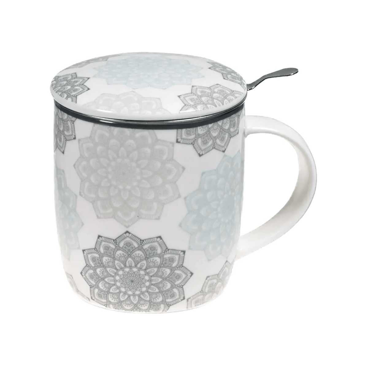 Teacup "Gray Mandala", with stainless steel strainer and lid